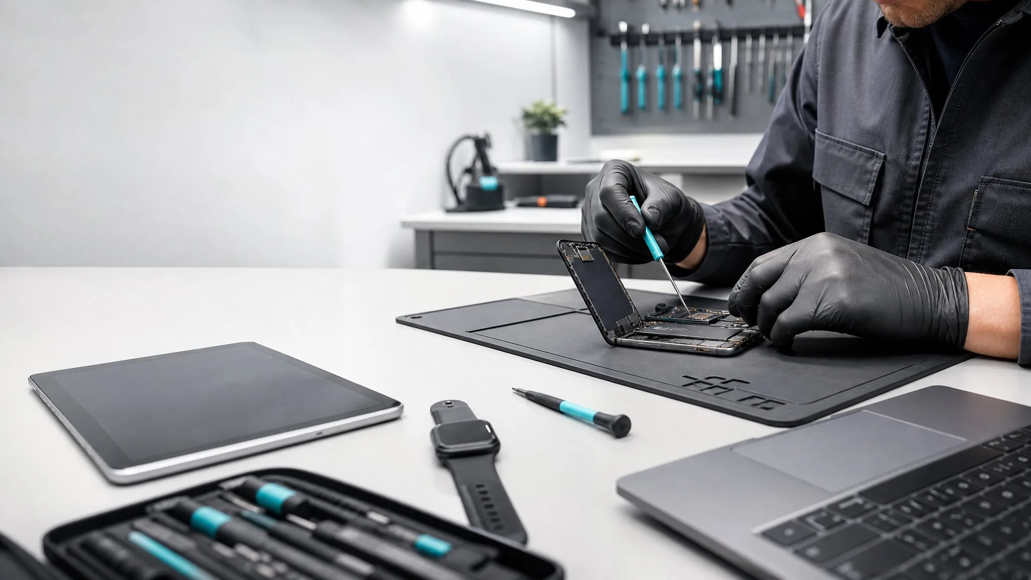 Servisní technik opravuje telefon v moderní dílně