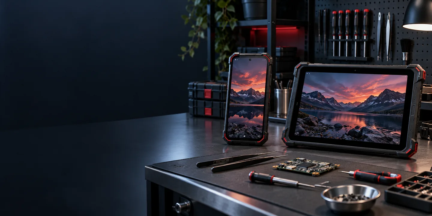 Odolný telefon a tablet na profesionálním servisním pracovišti