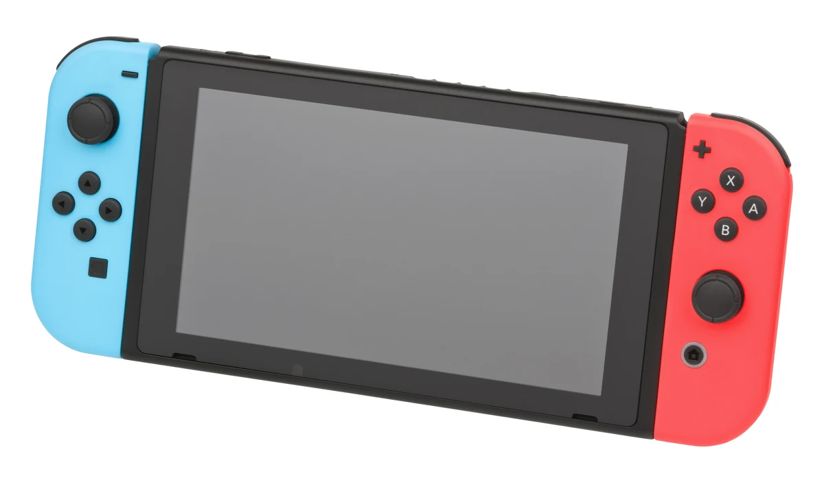 Přenosná konzole Nintendo Switch s modrým a červeným Joy-Conem
