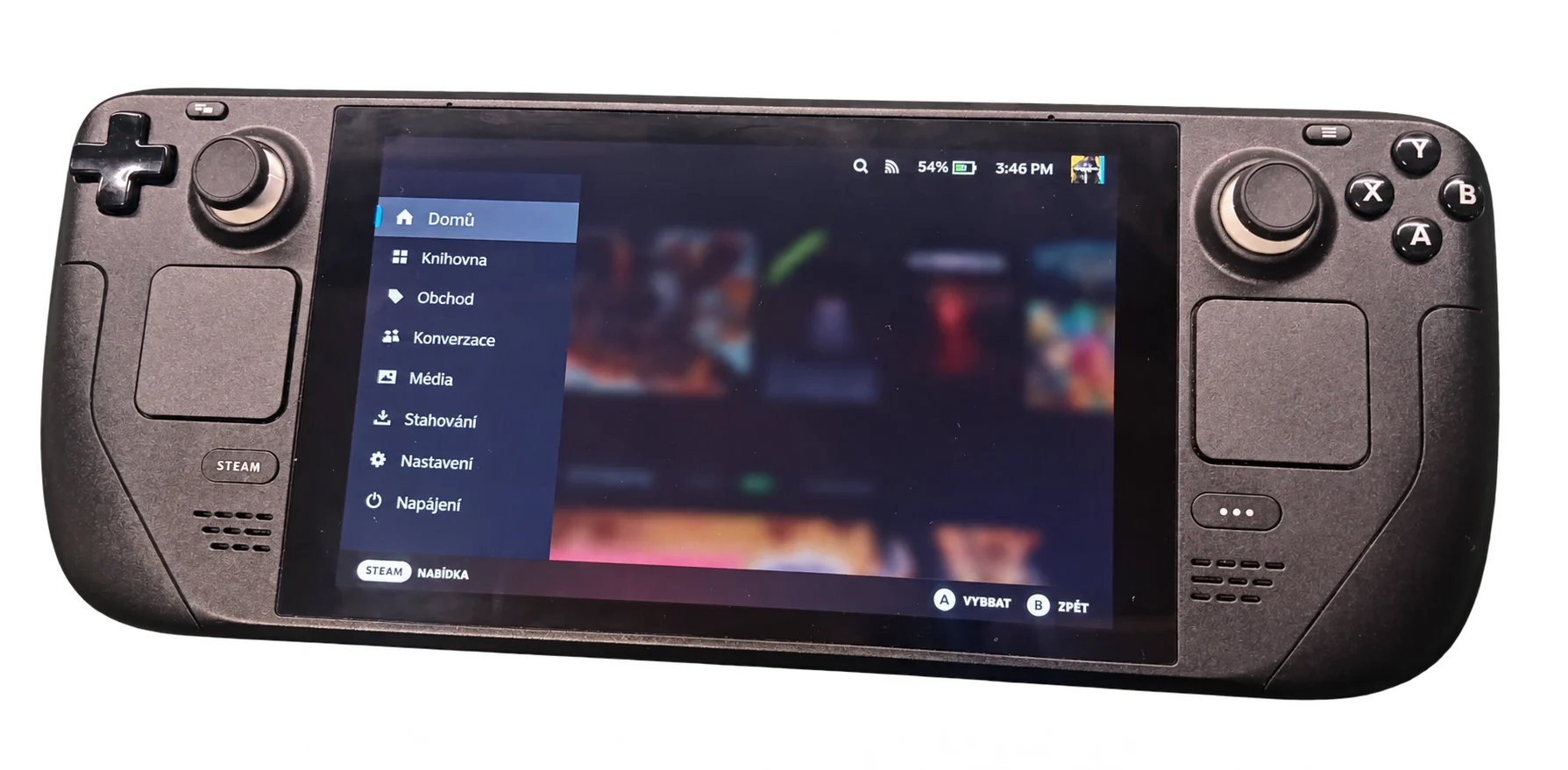 Přenosná herní konzole Valve Steam Deck s ovládacími prvky a zapnutým displejem